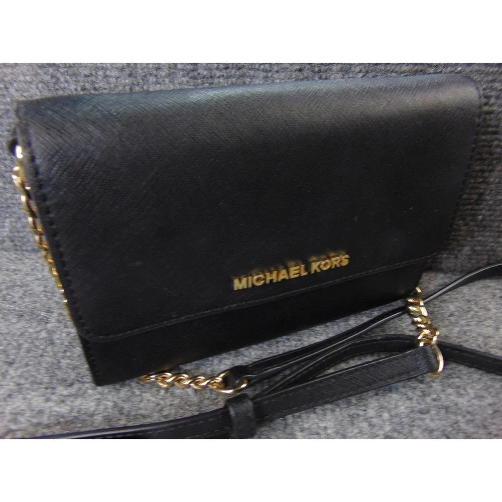 Michael Kors Crossbody Wallet Bag‎ Black Saffiano Gold Chain Designer Minimalist